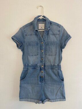Celebrity Pink Denim Button-Front Romper With Pockets Women's Size S (3/5)